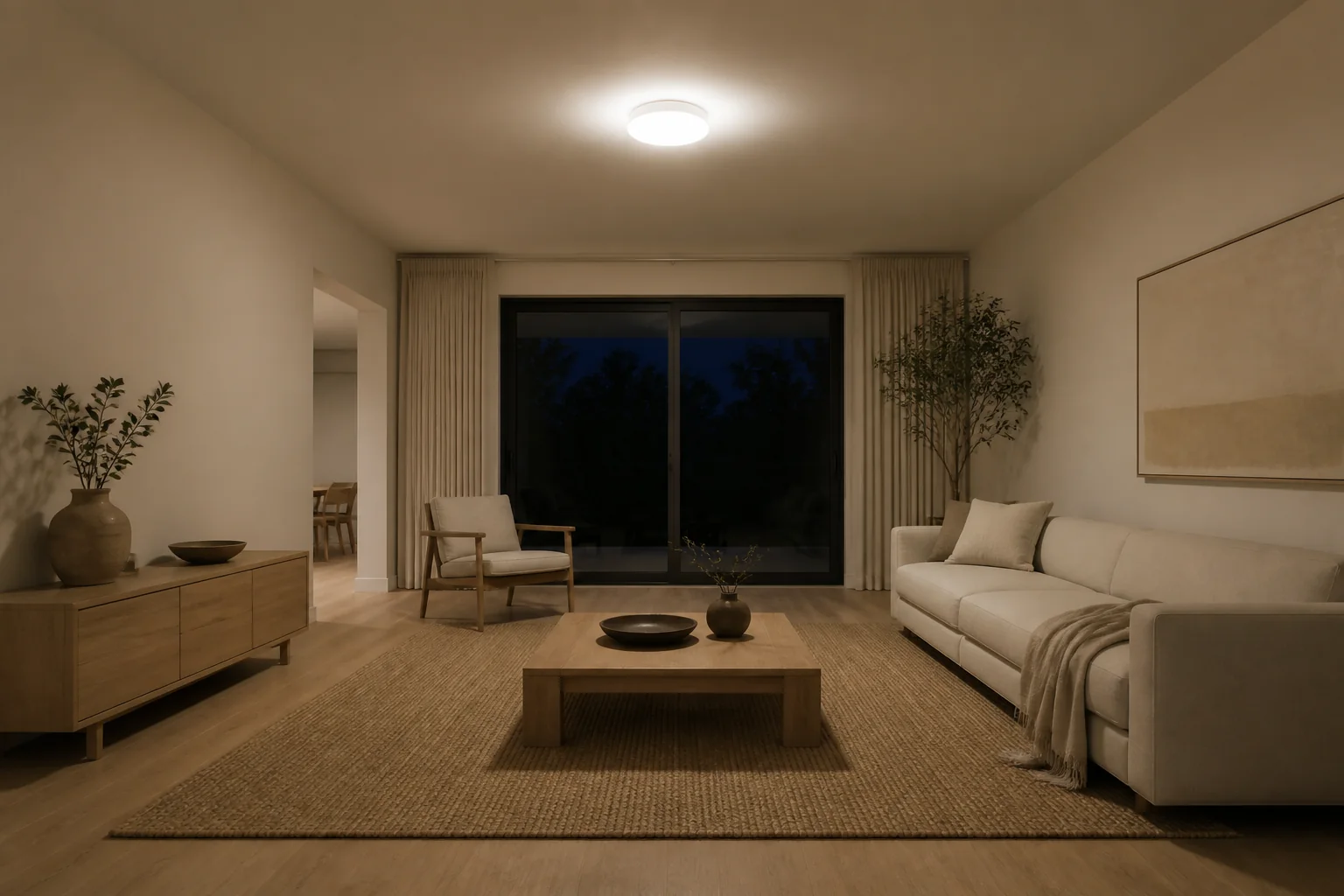 The room dies at night under one ceiling light (render)