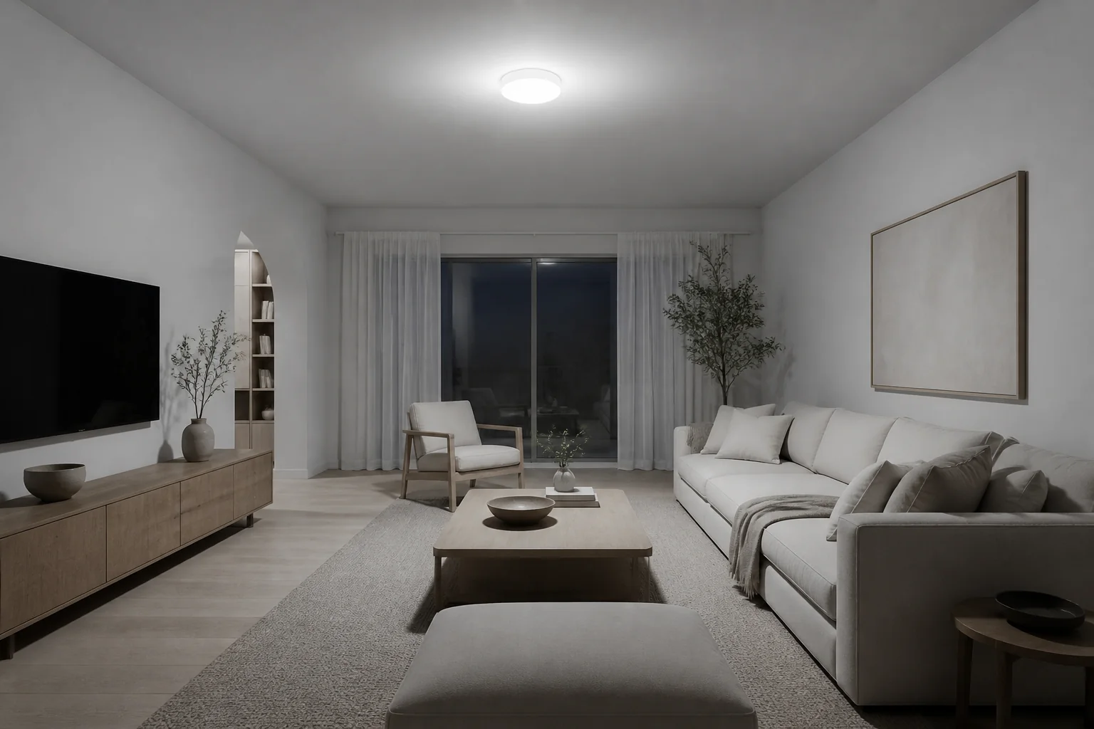 The room looks great at noon and clinical at night (render)