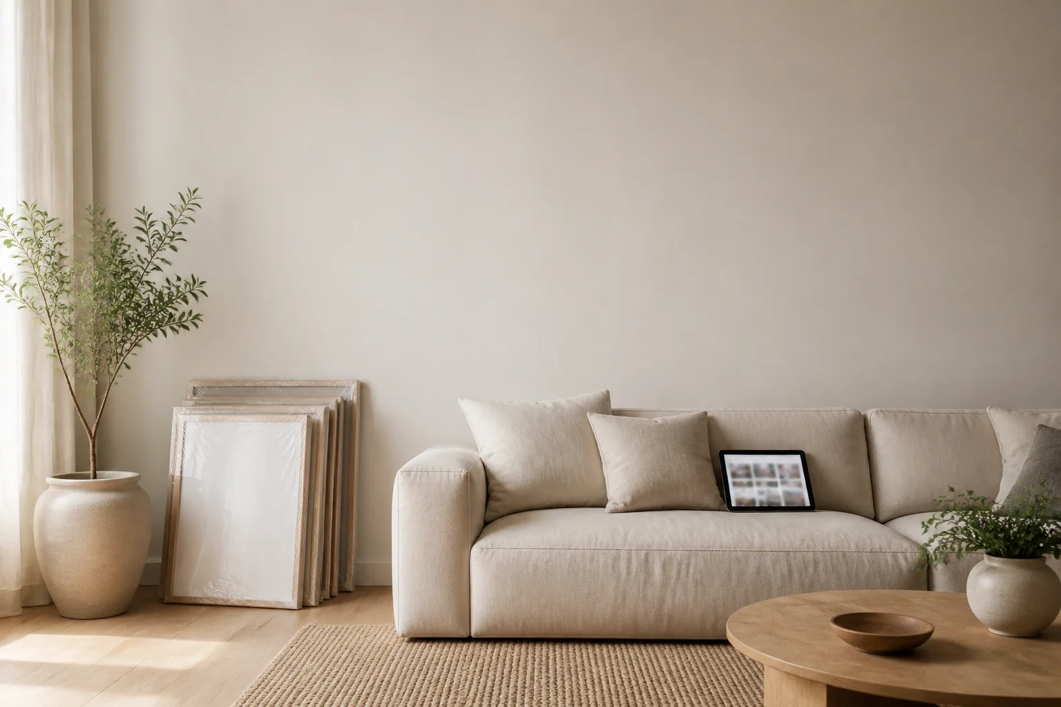 A bare wall, frames still wrapped on the floor, a tablet full of saved ideas (render)