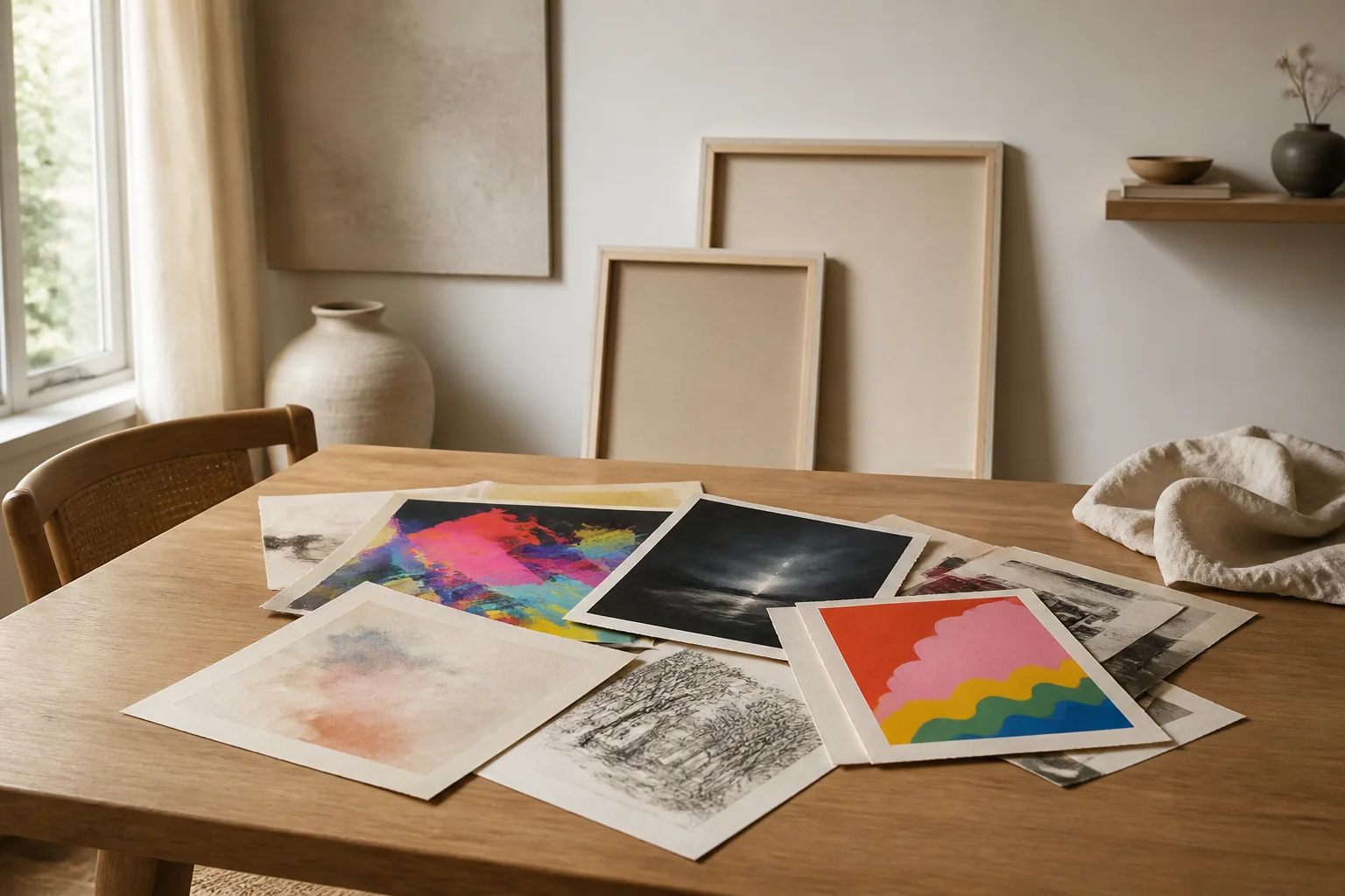 Mismatched prints piled on a table that do not belong together (render)