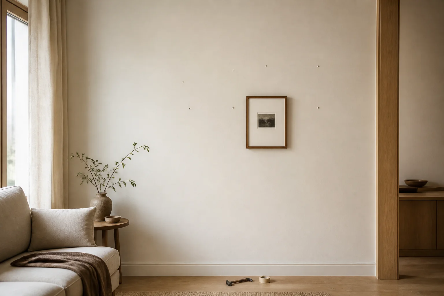 One crooked frame surrounded by old nail holes (render)
