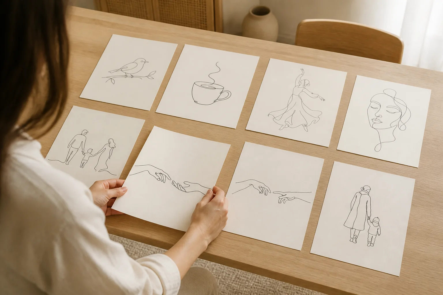Prints from the One Line Figures collection spread on a table (render)