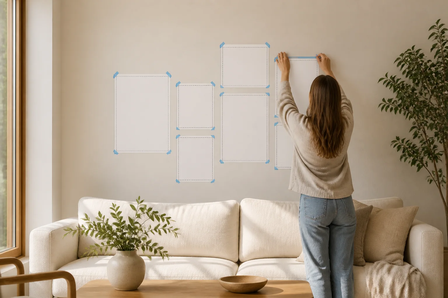 Paper templates taped to the wall before hanging (render)