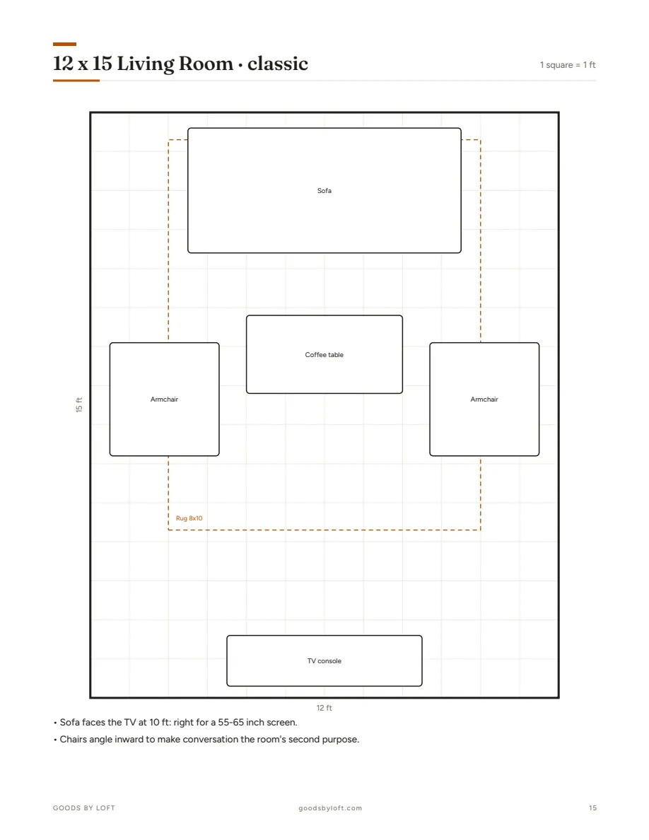 12x15 living room, walkways marked